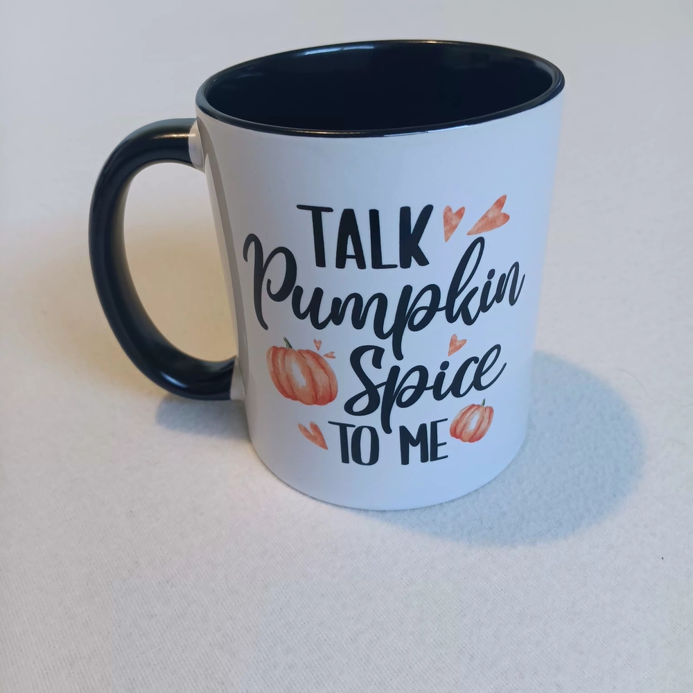 Talk Pumpkin Spice To Me Mug – Black Rim & Handle Autumn Coffee Cup